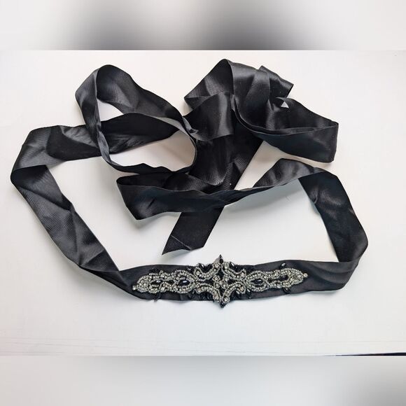 Embroidered satin Ribbon wraparound belt  black with stones, works for any size - Picture 2 of 4